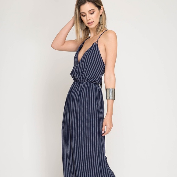 NEW - Navy Blue Striped Jumpsuit - Picture 4 of 6